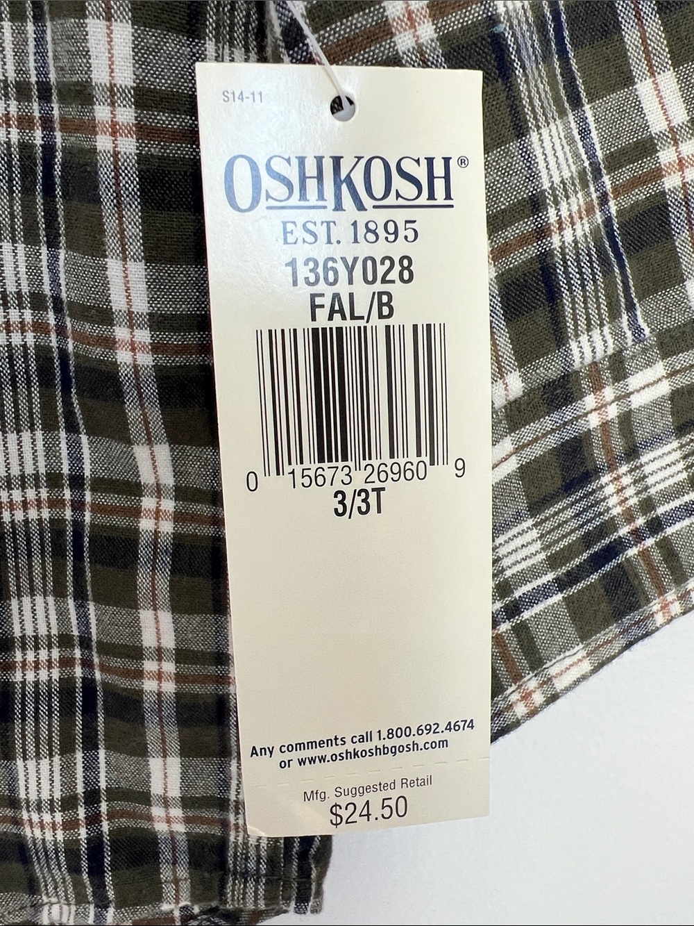OshKosh B'gosh | 100% Cotton Olive Cream Navy Plaid Button-Down Shirt NWT Sz 3T - Picture 3 of 16